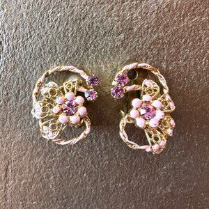 Vintage Pink & Gold Clip-On Earrings Rhinestone & Enamel Floral Made In Austria